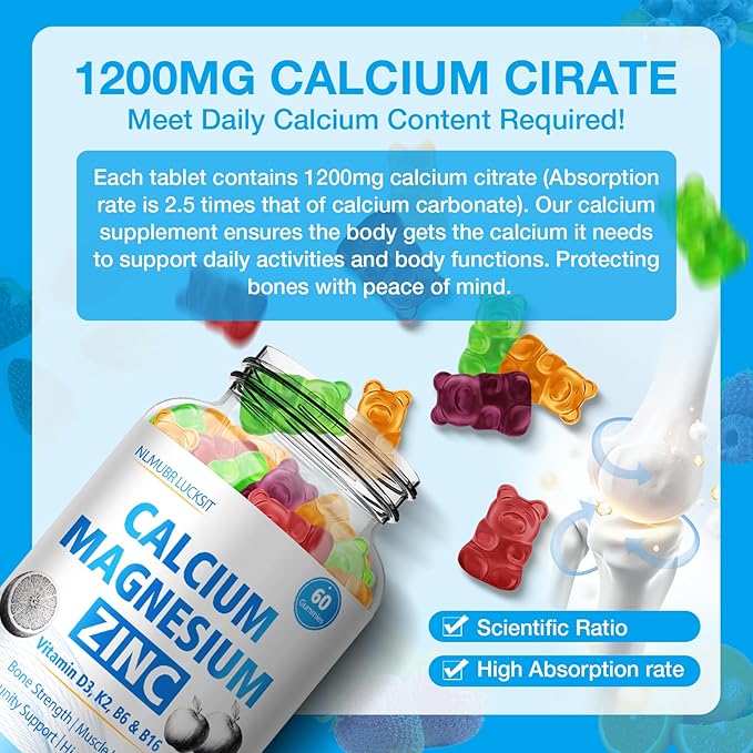 Calcium Citrate Magnesium Zinc Gummies, Calcium 1200 mg with Vitamin D3, B6, K2,B12 for Bone, Muscle, Immune Ultimate Absorption Calcium Supplement for Women and Men 60 Counts
