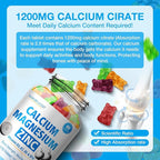 Calcium Citrate Magnesium Zinc Gummies, Calcium 1200 mg with Vitamin D3, B6, K2,B12 for Bone, Muscle, Immune Ultimate Absorption Calcium Supplement for Women and Men 60 Counts