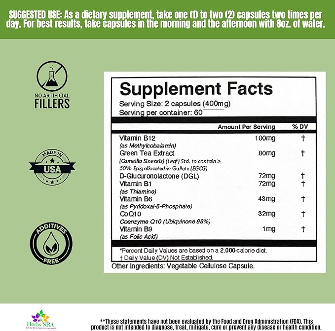 ENERGYAID Antioxidant Energy Support Supplement with Vitamin B6, Green Tea & CoQ10 – Supports Physical Stamina, Focus & Mental Clarity – 120 Vegetarian Capsules, Made in USA