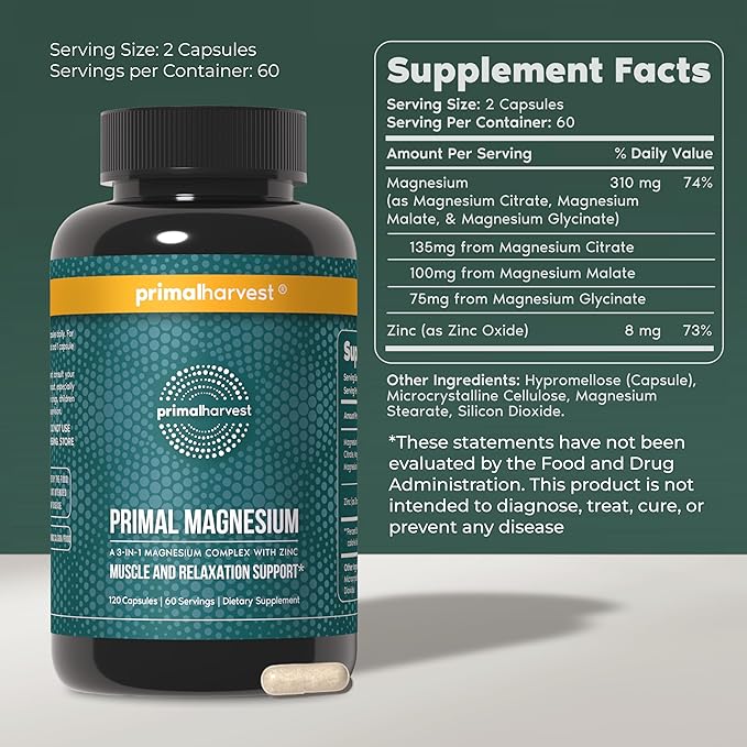 Primal Harvest Magnesium Supplement Complex 310mg by Primal Harvest with Magnesium Glycinate, Citrate, Malate, and Zinc 2 Pack, 240 Capsules