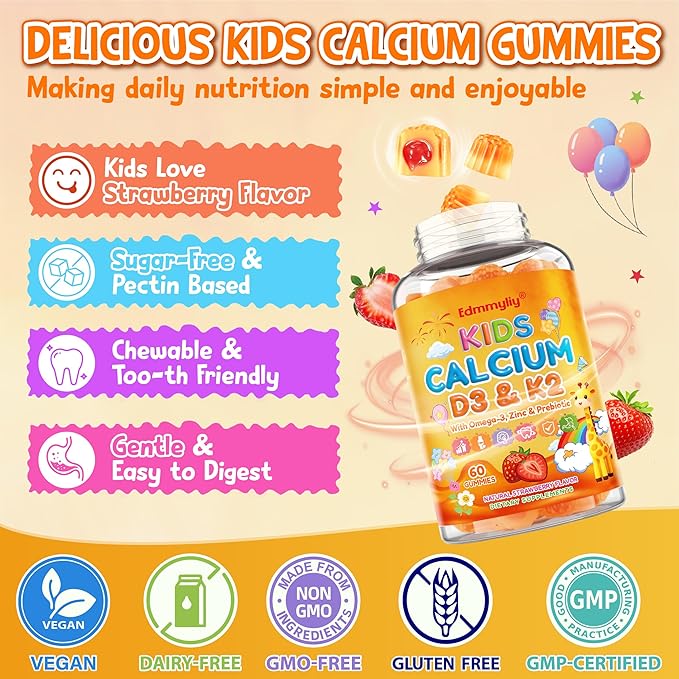 Kids Calcium Gummies with Vitamin D3 K2 - Calcium Citrate with Magnesium, Zinc, Omega-3 and Probiotics for Kids Bone Health, Digestive & Development Support - Sugar Free Gummies, Non-GMO, Vegan