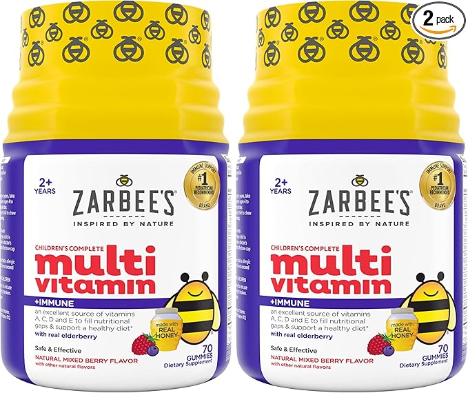 Zarbee's Complete Kids Multivitamin Gummies + Immune Support, Berry Flavor, Honey-Sweetened, Gluten-Free & Gelatin-Free, Vitamins A, C, D3, E, B6, B12, Folic Acid & B-Complex, 70 Count (Pack of 2)