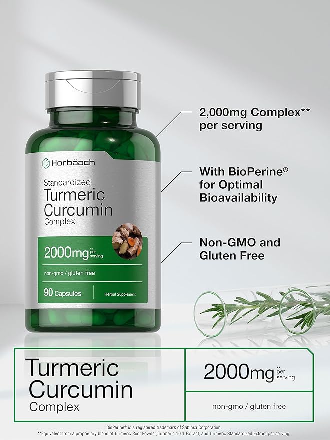 Horbäach Turmeric Curcumin Supplement | 90 Capsules | Complex with Black Pepper | Non-GMO, Gluten Free