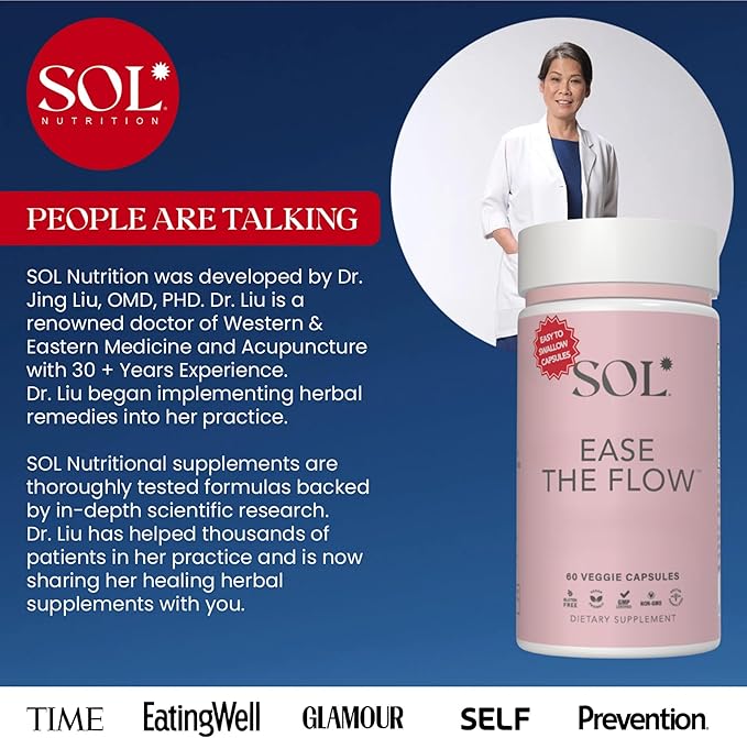 Ease the Flow - PMS Support, Menstrual Relief, PMDD Supplements, Period Relief Products, Eases Bloating & Mood Swings, Vitamins B6 & B8, 60 Easy-to-Swallow Capsules