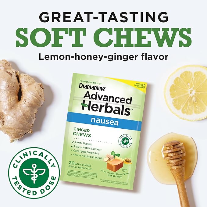 From the Makers of Dramamine, Advanced Herbals Ginger Chews for Nausea Relief, Morning Sickness Relief & Motion Sickness Relief During Travel, Lemon-Honey, 20 Count