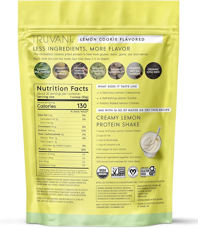 Truvani Vegan Pea Protein Powder | Lemon Cookie | 20g Organic Plant Based Protein | 20 Servings | Keto | Gluten & Dairy Free | Low Carb | No Added Sugar