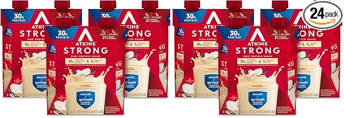 Atkins Strong High Protein Shake,Vanilla Flavored,30g Protein,Low Carb and Low Sugar Shake,Keto Friendly,Gluten Free,Muscle and Gut Health Support Complex,(Pack of 24)