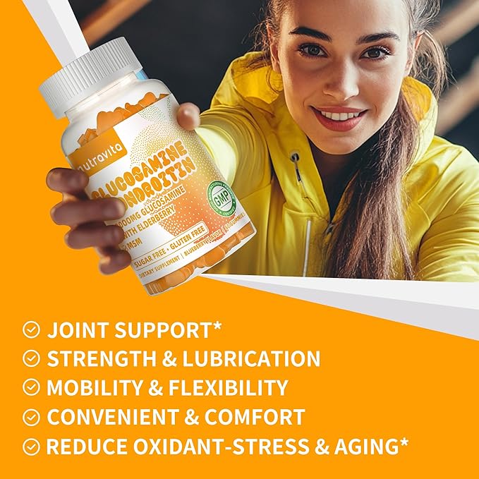 Nutravita Glucosamine Chondroitin Gummies with MSM & Elderberry Extra Strength - Joint Support, Antioxidant Immune Support Supplement for Adults, Men & Women.120 Orange Chews