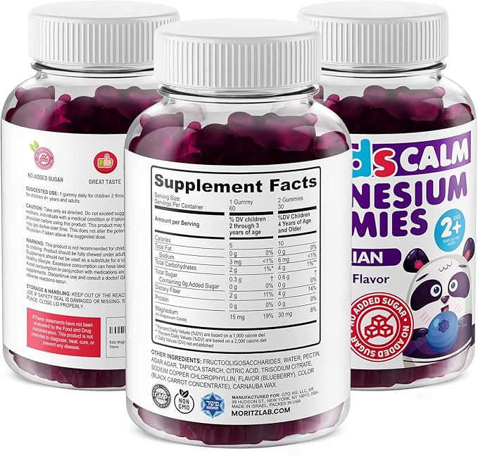 Dr. Moritz Kids Magnesium Gummies, No Sugar Added and Non-GMO Magnesium Supplement, Calm Kids Chewables with Blueberry Flavor, 60 Gummies