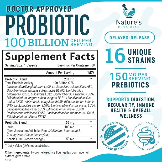 Nature's Physician Probiotics - 100 Billion CFU Per Capsule - 16 Strains + Prebiotics - Best Probiotic Supplement for Women & Men - Supports Immune, Digestive Health, Constipation & Gas - 30 Capsules