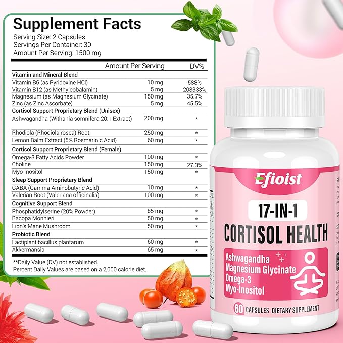 Cortisol Supplement for Women, 17-in-1 Hormone Harmony for Women, Cortisol Reducer with Ashwagandha, Rhodiola Rosea, Magnesium Glycinate, Omega-3, for Mood, Focus, Sleep Support, 60 Capsules