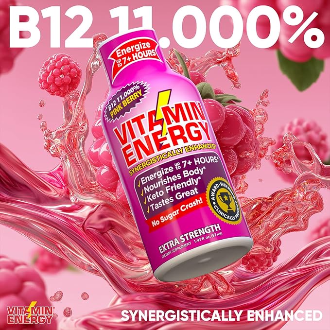 Vitamin Energy B12 11,000% Extra Strength Energy Shot Pink Berry 48 Pack, 260mg Natural Caffeine, B12 & B6, Nootropic Focus, Vitality, Zero Sugar, Gluten-Free, Vegan, Kosher, 1.93 fl oz