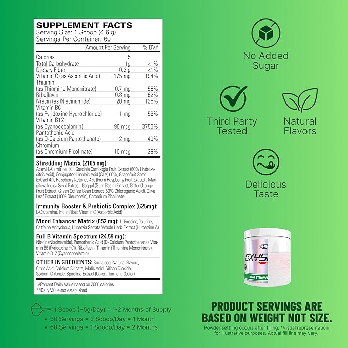EHP Labs OxyShred Pre Workout Powder - Preworkout Powder with L Glutamine & Acetyl L Carnitine, Energy Boost Drink - Kiwi Strawberry, 60 Servings