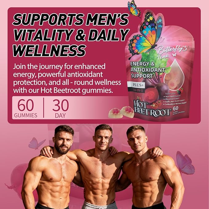 BUTTERFLY'S TEAR Beet Root Gummies, Supports Heart & Blood Vessel Health, Nitric Oxide Booster, 14-in-1 Wellness Formula with Grape Seed, Vitamin D3, K2 & E, Hawthorn, Berberine, Sugar Free (60 Count)