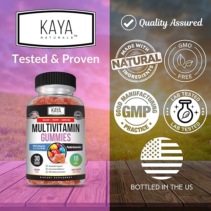 Kaya Naturals Adult Multi Vitamin Gummy, Biotin, Vitamin A, B-12, C & E, Including Zinc, Folic Acid, Strawberry Flavor - Gluten-Free Multivitamins Sweet Adult Gummies (Pack of 2)