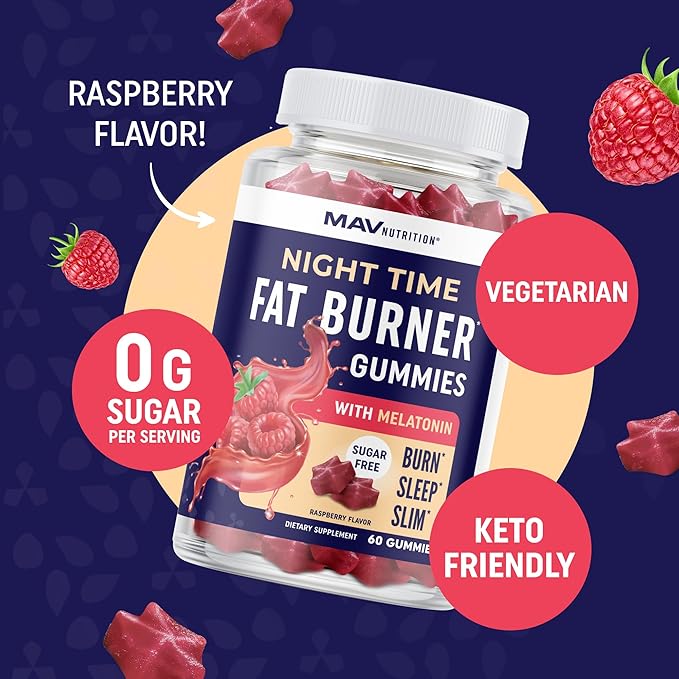 Night Time Fat Burner Gummies with Melatonin for Sleep & Weight Loss Support | Hunger Suppressant & Metabolism Booster, Shred Belly Fat While You Sleep | Diet Supplement for Women & Men | 60 Ct