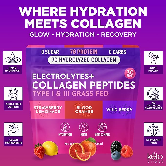 Keto Vitals Collagen Powder for Women Plus Electrolytes - 30 Travel Packets - 7.78G of Type I & III Grass Fed Hydrolyzed Collagen Peptides Protein Per Stick - Colageno Hidrolizado for Women