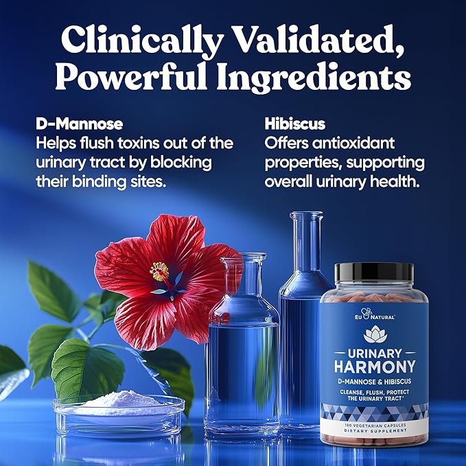 Eu Natural Urinary Harmony D-Mannose Supplement - Urinary Tract Health for Women - Fast-Acting Urinary Cleanse & Flush with Clinical-Strength D-Mannose & Hibiscus - 180 Capsules