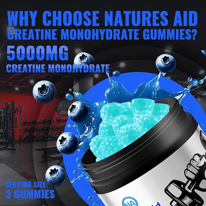 Natures Aid Creatine Monohydrate Gummies (5g) – Pre-Workout Energy & Muscle Growth Support for Men & Women | Blueberry Electrolyte Gummies (135 Count)