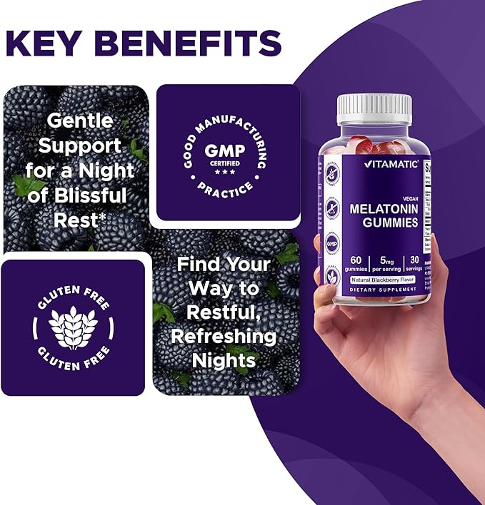 Vitamatic Melatonin Gummies for Kids & Adults - (2.5 mg 5 mg & 10 mg Doses) - 60 Vegan Gummies