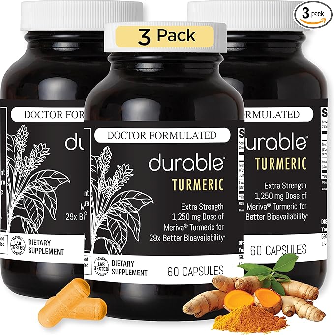 Durable Turmeric - 1250 mg Meriva Curcumin, 29X More Absorption + Boswellia – Joint Comfort, Mobility & Healthy Inflammation – Doctor Formulated, Vegan, Non-GMO, Made in USA (180 Capsules)