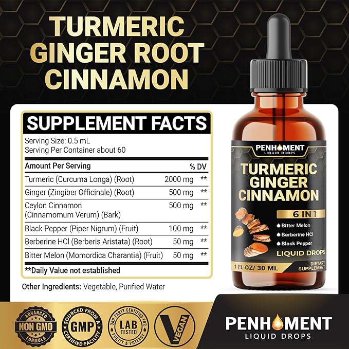 6in1 Liquid Turmeric Ceylon Cinnamon Berberine Ginger Bitter Melon & Black Pepper – Turmeric Supplement Drops – 1 FL OZ – 60 Servings