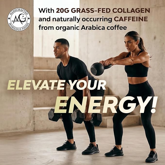 MariGold High Protein Collagen Coffee - Vanilla Collagen Latte, Dairy Free, 20g Grass-Fed Type I & III Collagen Peptides, Energy Boost, 2 Shots Organic Espresso, Non-GMO, 1 Lb Bag, 15 Servings