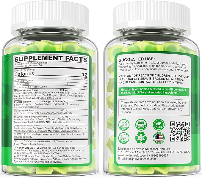 Organic Super Greens Daily Superfood Gummies + Probiotics, Spirulina, Chlorella Spinach Broccoli, Prebiotic Fiber, Mushroom -Rich in Vitamins & Antioxidants - Digestive, Focus, Energy, No Sugar, 60Cts