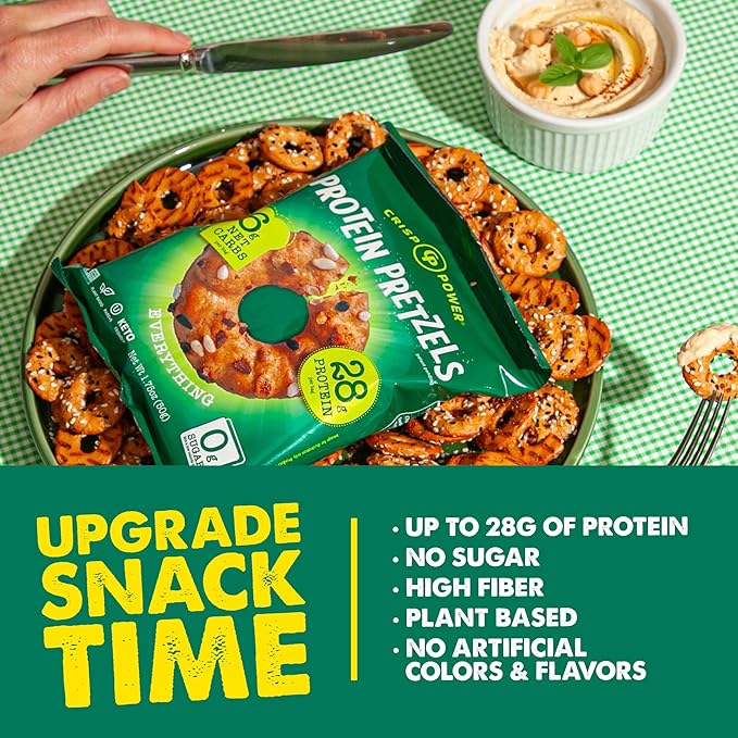 CRISP POWER Protein Pretzels, Everything, 28G Protein, High Protein Snack, High Fiber, Low Carb Crunchy Pretzel Snacks, No Added Sugar, 1.75 oz Bags, 6 Pack, Vegan, Keto