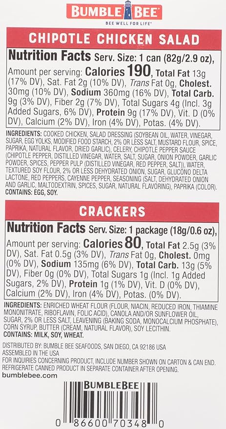 Bumble Bee Snack On The Run! Protein Snack Pack - Chipotle Chicken Salad with Crackers - 10g Protein per Box - Ready to Eat Easy-Open Canned Chicken Salad (Pack of 1)