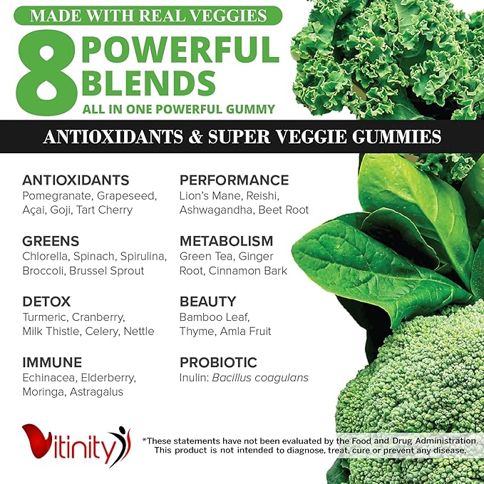 VITINITY Fruit and Veggies Supplement Gummies – Greens Gummies with Real Fruits & Vegetables – Vegan Fruit Gummies & Super Greens Gummies for Adults & Kids, 60 Count (30 Day Supply)