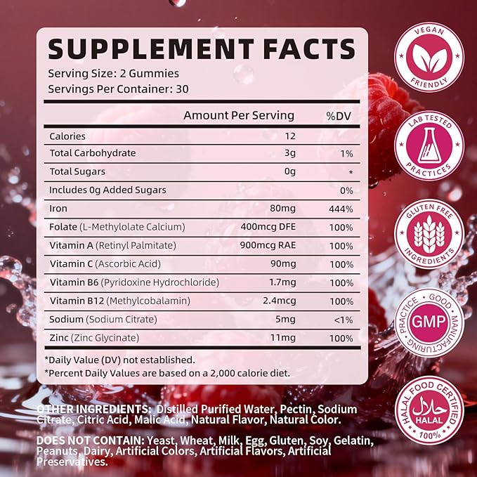 Iron Gummies for Women & Men, Vegan Iron Supplement Gummies with Vitamin C, A, B-Complex, Folate, Zinc- for Immune Health & Energy Support, Raspberry Flavor, 60 Count
