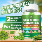 Sea Moss Gummies – Irish Sea Moss with Black Seed Oil, Bladderwrack, Burdock Root for Immune & Detox Support, Vegan Green Apple Flavor Gummies for Adults, Kids, Men, Women - 60 Gummies