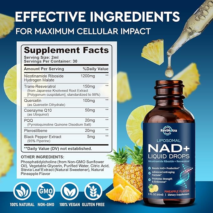 Liposomal NAD Supplement - 1200mg NAD+ Liquid Drops for Women & Men, Nicotinamide Riboside with Resveratrol, PQQ, CoQ10, Quercetin for Anti-Aging, Brain & Cellular Mitochondrial, Pineapple 4 Fl Oz