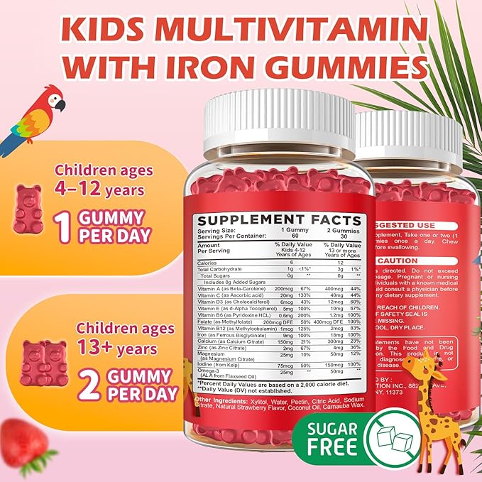 Iron Supplement Gummies for Kids with Multivitamin, Calcium, Zinc, Folate - Kids Iron Gummies Support Immune, Blood Builder, Iron Deficiency, Anemia & Energy - Vegan, Strawberry 60 Count