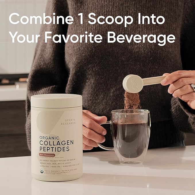Sports Research Organic Collagen Peptides - Hydrolyzed Type I & III Collagen - Sustainable & Traceable Formula - Chocolate - 30 Servings