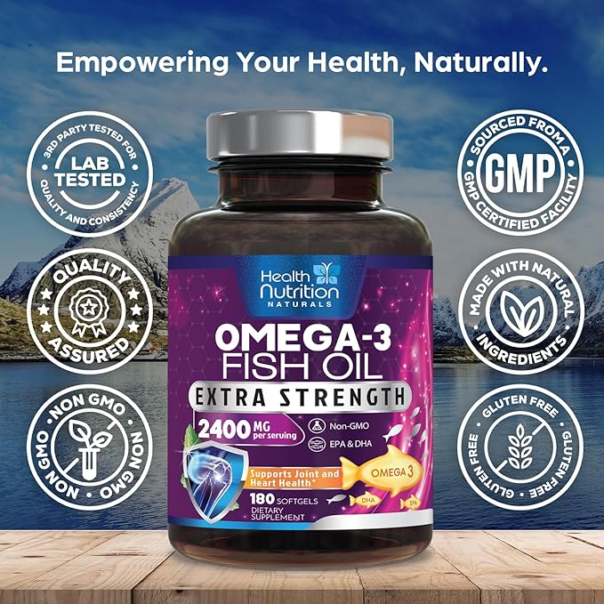 Omega 3 Fish Oil Supplements - 2400mg Fish Oil Per Serving - Triple Strength Omega-3 with EPA & DHA Fatty Acids - Natural Heart, Brain & Immune Support - Wild Caught, Bottled in USA - 180 Softgels