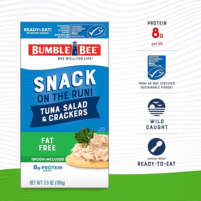 Bumble Bee Snack On The Run! Protein Snack Pack - 8g Protein per Box - Fat Free Tuna Salad with Crackers Kit - Ready to Eat Easy-Open Can - Wild Caught MSC-Certified Tuna (Pack of 1)