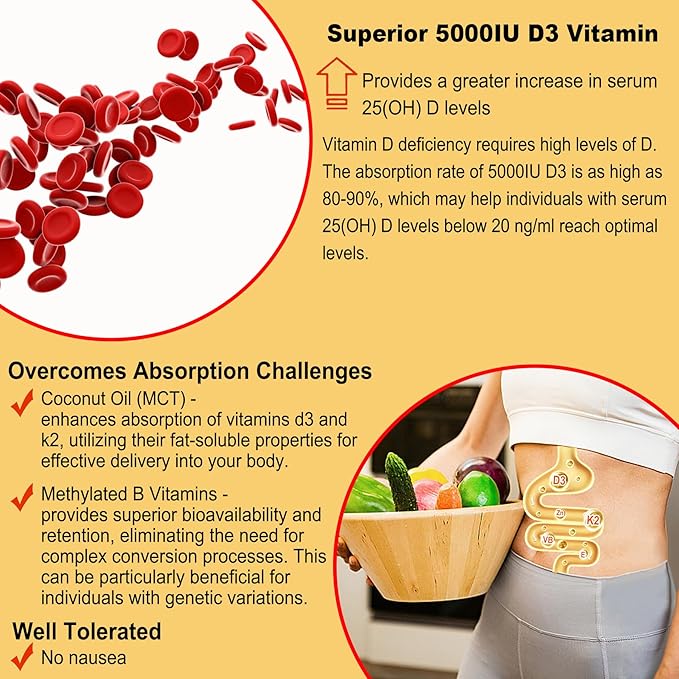 Vitamin D3 5000IU + K2 (MK-7) 120mcg, Sugar-Free Vitamin D3 K2 Filled Gummies with Vitamin B Complex - Methyl B12, B9, B6 | Vitamin E & Zinc, MCT Oil - Supports Bone & Teeth Strength, Immune, 2PACK
