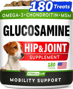 Glucosamine Treats for Dogs - Joint Supplement w/Omega-3 Fish Oil - Chondroitin, MSM - Advanced Mobility Chews - Joint Pain Relief - Hip & Joint Care - Chicken Flavor - 180 Ct - Made in USA