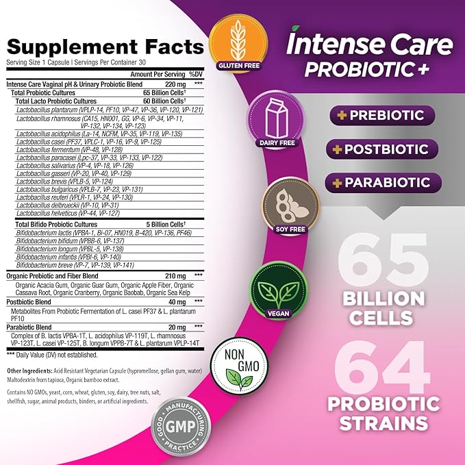 Vital Planet - Intense Care Vaginal pH & Urinary Probiotics for Women Plus Organic Prebiotics, Postbiotics, and Parabiotics, 65 Billion CFU and 64 Strains, Immune and Digestive Health 30 ct