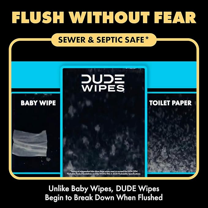 DUDE Wipes Shea BUTTer Flushable Wipes - Extra-Large Adult Wet Wipes - 3 Pack (144 Count) - Infused with Coconut Oil, Vitamin E, and Aloe - Septic and Sewer Safe