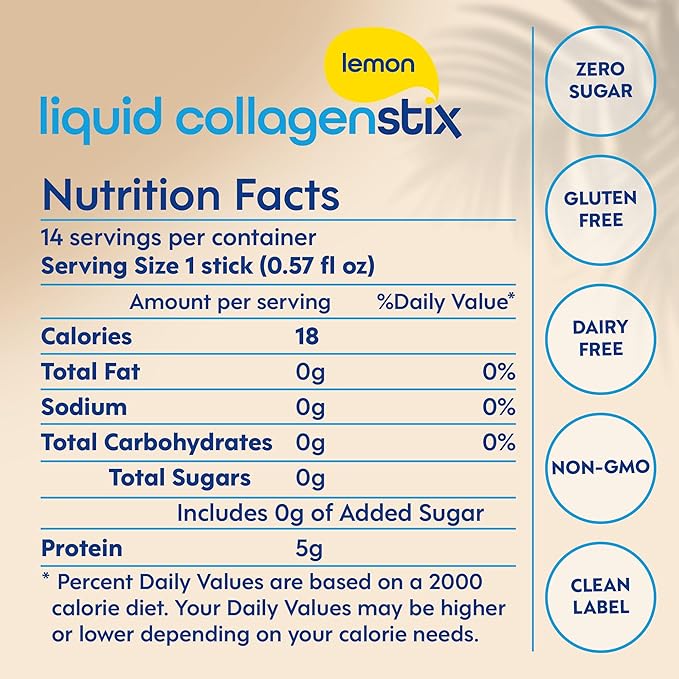 Hydrolyzed Liquid Collagen Peptides for Women & Men - Grass-Fed Bovine Protein Supplement for Hair Growth, Skin and Nails (Pack of 14, Lemon)
