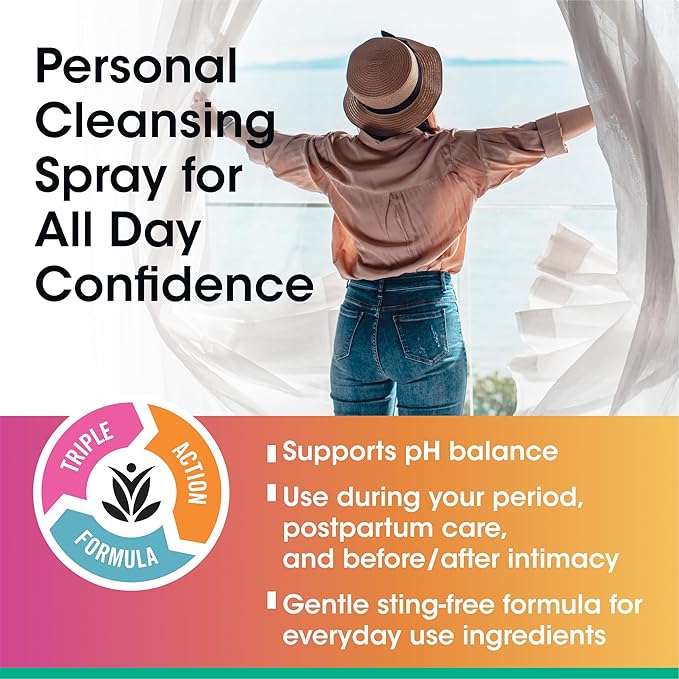 vH essentials Personal Cleansing Spray, pH Balancing Lactic Acid, Sting-Free, Witch Hazel Formula, Fragrance free, Paraben free, Sprays upside down for easy external intimate cleansing, 4 floz