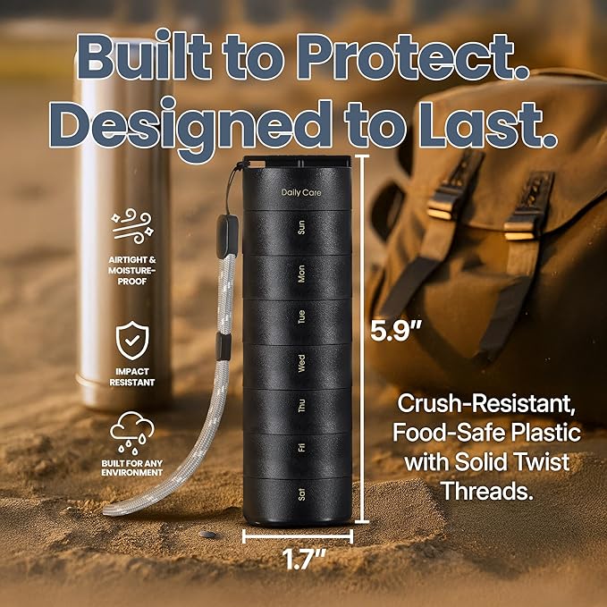Ankomn 7 Day 2+1 Travel Pill Organizer Combo for Men & Women - IPX7 Rating Waterproof, Airtight & Portable Pill Case for Vitamins - Durable Weekly Supplement Case with Stackable Compartments