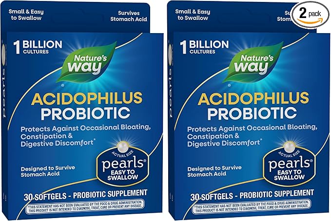 Nature's Way Acidophilus Probiotic Pearls,Supports Digestive Balance & Gut Health,Reduce Occasional Constipation and Bloating*,1 Billion Cultures,30 Softgels,(Pack of 2)