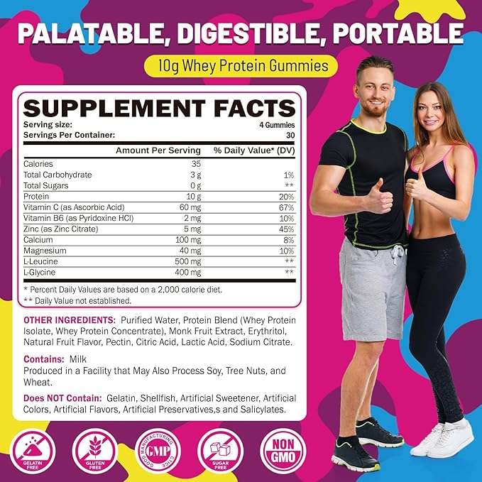 Protein Gummies, Chewable Whey Protein Supplement with L-Glycine & L-Leucine, 10g Protein for Women & Men, Muscle, Hair, Skin & Nails, 120 Count
