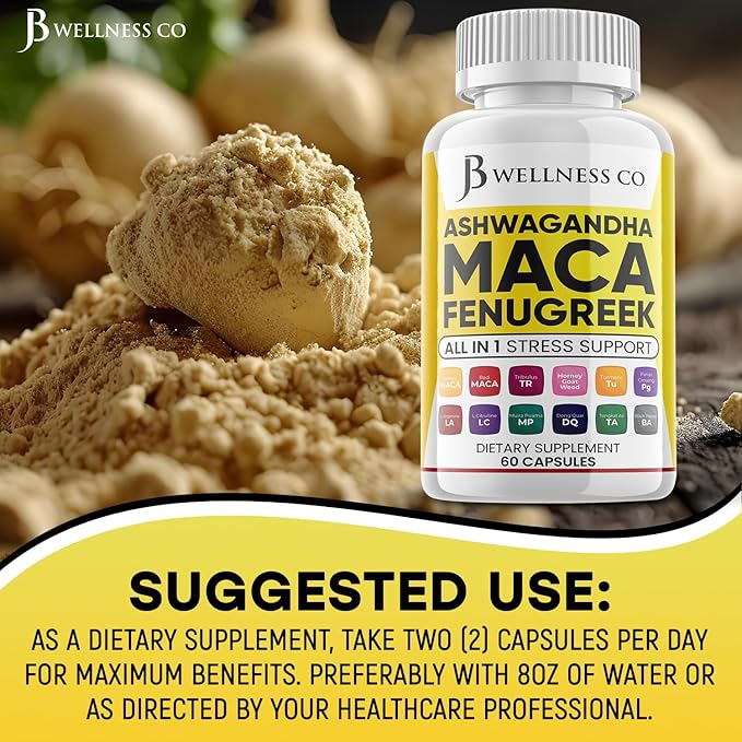 JB Wellness Co Ashwagandha Maca Root, Fenugreek Supplement with Tongkat Ali Ginseng - Assists with Mood & Thyroid Health - 60 Count