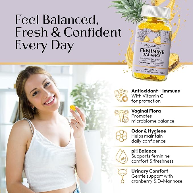 Probiotic Feminine Balance Gummies for Women - pH Balance & Vaginal Health Supplement with Cranberry Vitamin C - Natural Pineapple pH Balancing Gummy for Healthy Odor Hygiene Support