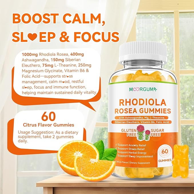Rhodiola Rosea Gummies for Adults & Kids-Adaptogenic Herb-Daily Wellness, Emotions, Slumber Support, with Ashwagandha, Magnesium Glycinate, Siberian Eleuthero Supplements for Women & Men, 120 Count
